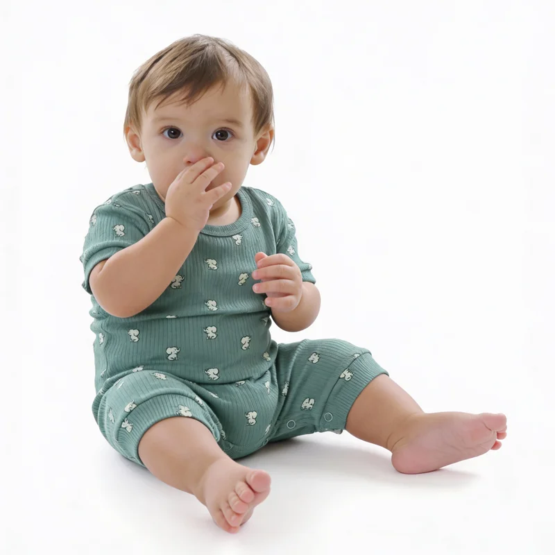 Babies Basic Babies Basic Ribbed Cotton Short Sleeves Romper, Green